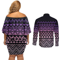 Maori Niho Taniwha Te Wheiao Couples Matching Off Shoulder Short Dress and Long Sleeve Button Shirt Waiporoporo - Polynesian Pride