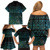 Maori Niho Taniwha Te Wheiao Family Matching Off Shoulder Short Dress and Hawaiian Shirt Paua Shell - Polynesian Pride