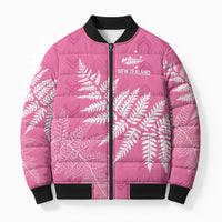 New Zealand Lawn Bowls Breast Cancer Personalized Bomber Puffer Jacket Wrap-Around Silver Fern - Polynesian Pride