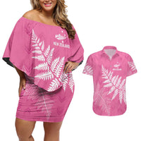 New Zealand Lawn Bowls Breast Cancer Personalized Couples Matching Off Shoulder Short Dress and Hawaiian Shirt Wrap-Around Silver Fern - Polynesian Pride