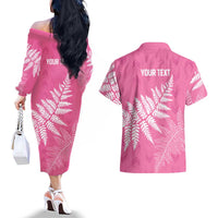 New Zealand Lawn Bowls Breast Cancer Personalized Couples Matching Off The Shoulder Long Sleeve Dress and Hawaiian Shirt Wrap-Around Silver Fern - Polynesian Pride