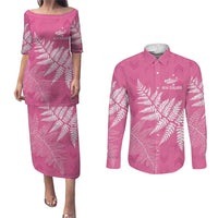 New Zealand Lawn Bowls Breast Cancer Personalized Couples Matching Puletasi and Long Sleeve Button Shirt Wrap-Around Silver Fern - Polynesian Pride