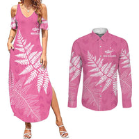 New Zealand Lawn Bowls Breast Cancer Personalized Couples Matching Summer Maxi Dress and Long Sleeve Button Shirt Wrap-Around Silver Fern - Polynesian Pride