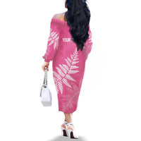 New Zealand Lawn Bowls Breast Cancer Personalized Family Matching Off The Shoulder Long Sleeve Dress and Hawaiian Shirt Wrap-Around Silver Fern - Polynesian Pride