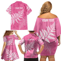 New Zealand Lawn Bowls Breast Cancer Personalized Family Matching Off Shoulder Short Dress and Hawaiian Shirt Wrap-Around Silver Fern - Polynesian Pride