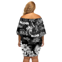 Aloha Vintage Quilt Off Shoulder Short Dress Hawaiian Seamless - Black LT7 - Polynesian Pride