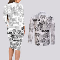 Aloha Vintage Quilt Couples Matching Long Sleeve Bodycon Dress and Long Sleeve Button Shirt Hawaiian Seamless - White LT7 - Polynesian Pride