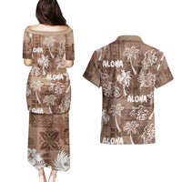 Aloha Vintage Quilt Couples Matching Puletasi Dress and Hawaiian Shirt Hawaiian Seamless - Brown LT7 - Polynesian Pride