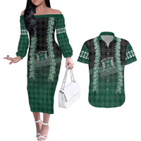 Rainbow Warriors Hawaii Palaka Couples Matching Off The Shoulder Long Sleeve Dress and Hawaiian Shirt Maile Lei LT7 Dark Green - Polynesian Pride