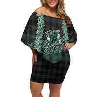 Rainbow Warriors Hawaii Palaka Off Shoulder Short Dress Maile Lei LT7 Women Dark Green - Polynesian Pride