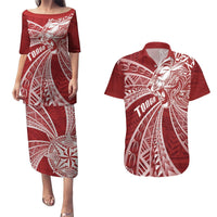 Tonga Independence Day Couples Matching Puletasi and Hawaiian Shirt Tongatapu Lion Ngatu Motifs LT7 Red - Polynesian Pride