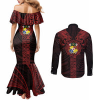 Tonga Independence Day Couples Matching Mermaid Dress and Long Sleeve Button Shirt Tongatapu Lion Ngatu Motifs Black Ver. LT7 - Polynesian Pride