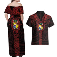 Tonga Independence Day Couples Matching Off Shoulder Maxi Dress and Hawaiian Shirt Tongatapu Lion Ngatu Motifs Black Ver.