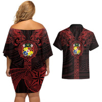 Tonga Independence Day Couples Matching Off Shoulder Short Dress and Hawaiian Shirt Tongatapu Lion Ngatu Motifs Black Ver. LT7 - Polynesian Pride