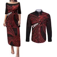 Tonga Independence Day Couples Matching Puletasi and Long Sleeve Button Shirt Tongatapu Lion Ngatu Motifs Black Ver. LT7 Black - Polynesian Pride