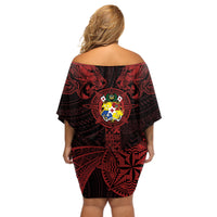 Tonga Independence Day Off Shoulder Short Dress Tongatapu Lion Ngatu Motifs Black Ver. LT7 - Polynesian Pride