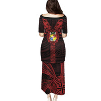 Tonga Independence Day Puletasi Tongatapu Lion Ngatu Motifs Black Ver. LT7 - Polynesian Pride