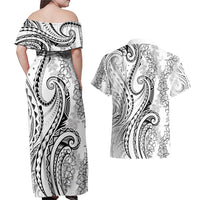 Polynesia Plumeria Lei Couples Matching Off Shoulder Maxi Dress and Hawaiian Shirt White Curves Motif