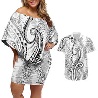Polynesia Plumeria Lei Couples Matching Off Shoulder Short Dress and Hawaiian Shirt White Curves Motif