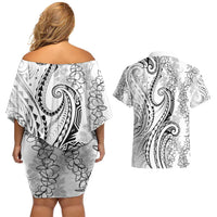 Polynesia Plumeria Lei Couples Matching Off Shoulder Short Dress and Hawaiian Shirt White Curves Motif