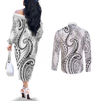 Polynesia Plumeria Lei Couples Matching Off The Shoulder Long Sleeve Dress and Long Sleeve Button Shirt White Curves Motif