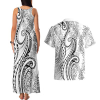 Polynesia Plumeria Lei Couples Matching Tank Maxi Dress and Hawaiian Shirt White Curves Motif