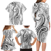 Polynesia Plumeria Lei Family Matching Long Sleeve Bodycon Dress and Hawaiian Shirt White Curves Motif