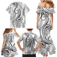 Polynesia Plumeria Lei Family Matching Mermaid Dress and Hawaiian Shirt White Curves Motif