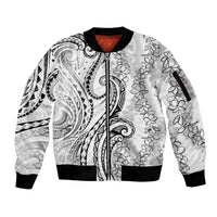 Polynesia Plumeria Lei Sleeve Zip Bomber Jacket White Curves Motif