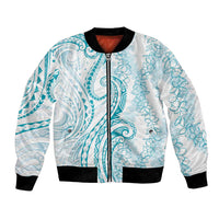 Polynesia Plumeria Lei Bomber Jacket White Turquoise Curves Motif