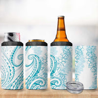 Polynesia Plumeria Lei 4 in 1 Can Cooler Tumbler White Turquoise Curves Motif