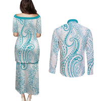 Polynesia Plumeria Lei Couples Matching Puletasi and Long Sleeve Button Shirt White Turquoise Curves Motif