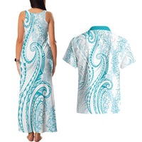 Polynesia Plumeria Lei Couples Matching Tank Maxi Dress and Hawaiian Shirt White Turquoise Curves Motif