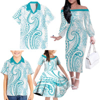 Polynesia Plumeria Lei Family Matching Off The Shoulder Long Sleeve Dress and Hawaiian Shirt White Turquoise Curves Motif