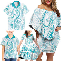 Polynesia Plumeria Lei Family Matching Off Shoulder Short Dress and Hawaiian Shirt White Turquoise Curves Motif
