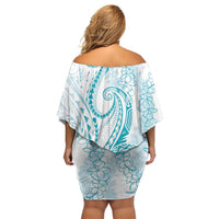 Polynesia Plumeria Lei Family Matching Off Shoulder Short Dress and Hawaiian Shirt White Turquoise Curves Motif
