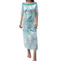 Polynesia Plumeria Lei Family Matching Puletasi and Hawaiian Shirt White Turquoise Curves Motif