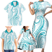 Polynesia Plumeria Lei Family Matching Short Sleeve Bodycon Dress and Hawaiian Shirt White Turquoise Curves Motif
