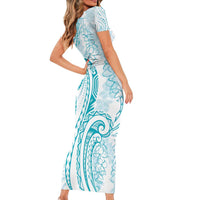 Polynesia Plumeria Lei Family Matching Short Sleeve Bodycon Dress and Hawaiian Shirt White Turquoise Curves Motif