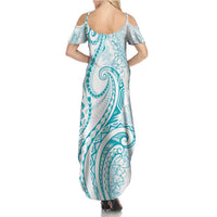 Polynesia Plumeria Lei Family Matching Summer Maxi Dress and Hawaiian Shirt White Turquoise Curves Motif