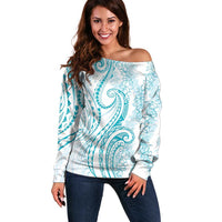 Polynesia Plumeria Lei Off Shoulder Sweater White Turquoise Curves Motif