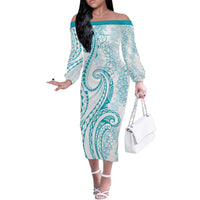Polynesia Plumeria Lei Off The Shoulder Long Sleeve Dress White Turquoise Curves Motif
