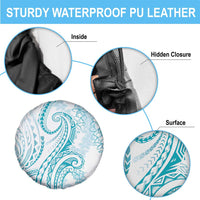 Polynesia Plumeria Lei Spare Tire Cover White Turquoise Curves Motif