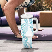 Polynesia Plumeria Lei Tumbler With Handle White Turquoise Curves Motif