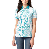 Polynesia Plumeria Lei Women Polo Shirt White Turquoise Curves Motif
