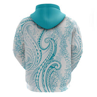 Polynesia Plumeria Lei Zip Hoodie White Turquoise Curves Motif