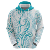 Polynesia Plumeria Lei Zip Hoodie White Turquoise Curves Motif