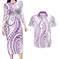 Polynesia Plumeria Lei Couples Matching Long Sleeve Bodycon Dress and Hawaiian Shirt White Violet Curves Motif