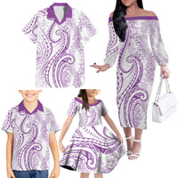 Polynesia Plumeria Lei Family Matching Off The Shoulder Long Sleeve Dress and Hawaiian Shirt White Violet Curves Motif