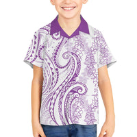 Polynesia Plumeria Lei Family Matching Off The Shoulder Long Sleeve Dress and Hawaiian Shirt White Violet Curves Motif